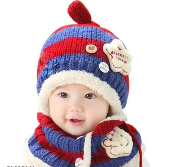 Winter Baby Wool Hat Hooded Scarf Earflap Knit Cap -  Blue